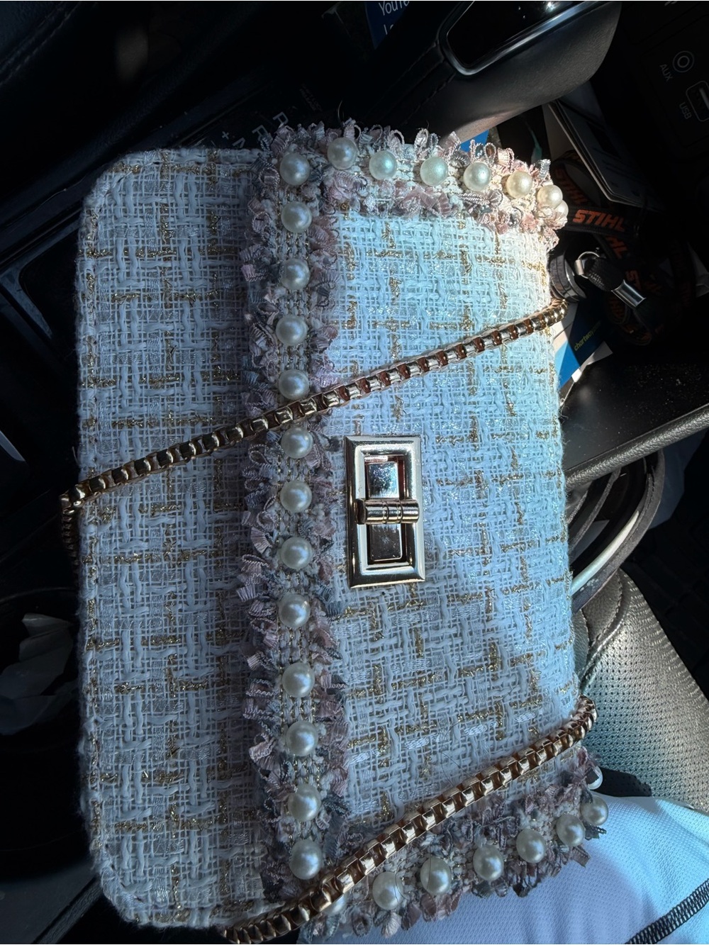 Elegant Pearl-Trim White Tweed Crossbody Bag
